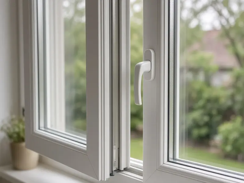 Wit kunststof draai-kiepraam met isolatieglas, van binnenuit gezien