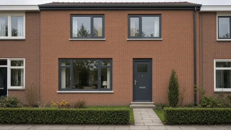 Bakstenen rijtjeswoning met nieuwe antraciet kunststof kozijnen en voordeur